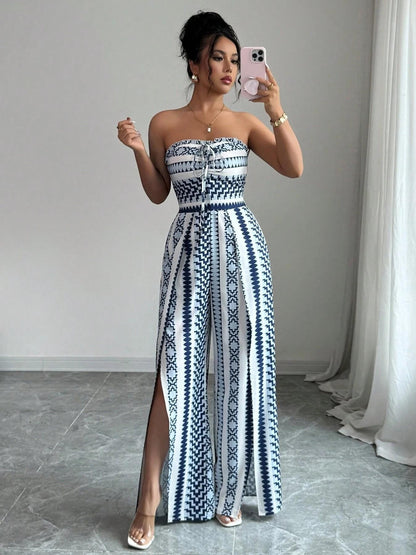 👗💙 50 %:N PIKATARJOUS! Geometrisilla kuvioilla koristeltu haalari – selkäaukkoinen kaula-aukko, sivuhalkiot, joustava kangas, koot S–3XL, sopii erinomaisesti rannalle, toimistoon ja iltamenoihin ✨