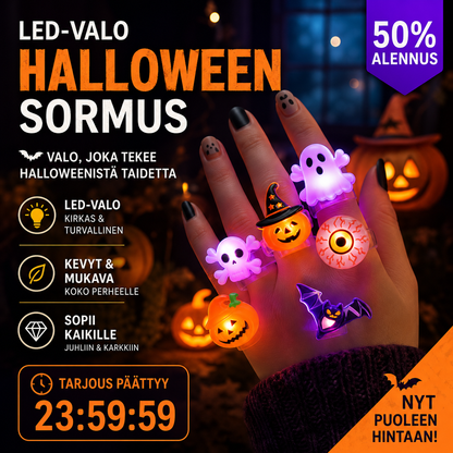 🎁 LED-Valo Halloween Sormus 😍 – 50 kpl setti, täydellinen asuun, kekkereihin ja pimeän iltojen tunnelmaan! 👻