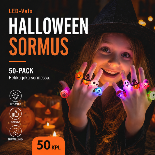 🎁 LED-Valo Halloween Sormus 😍 – 50 kpl setti, täydellinen asuun, kekkereihin ja pimeän iltojen tunnelmaan! 👻