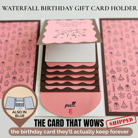 ⏳ VIIMEISEN PÄIVÄN TARJOUS: VAIN 17,99 €! 🎂✨ Käsintehty ”Waterfall”-syntymäpäivälahjakorttivihko 🎁💖