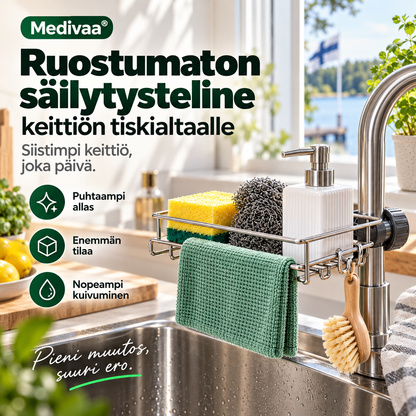 Ruostumaton säilytysteline keittiön tiskialtaalle