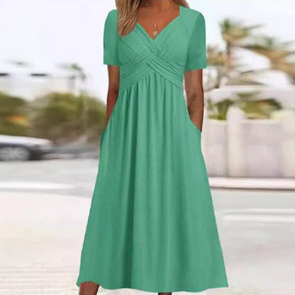 👗💙 50% ALENNUS TÄNÄÄN! ✨ Naisten V-pääntie lyhythihainen pitkä mekko 🌸 Tyylikäs väljä istuvuus, mukava kangas ja vaivaton arkitrendi