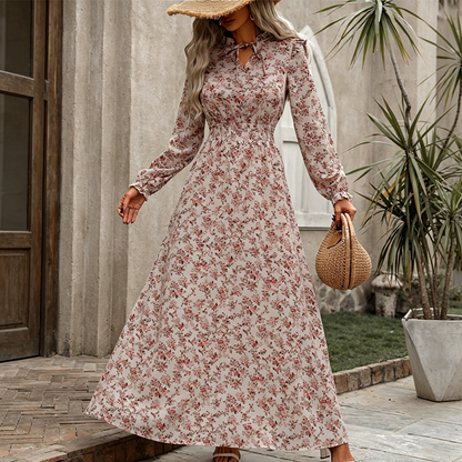 👗❤️ naisille, lomatyyli, pienikuvioisella kukkakuvioinnilla ja istuvalla vyötäröllä, pitkä mekko